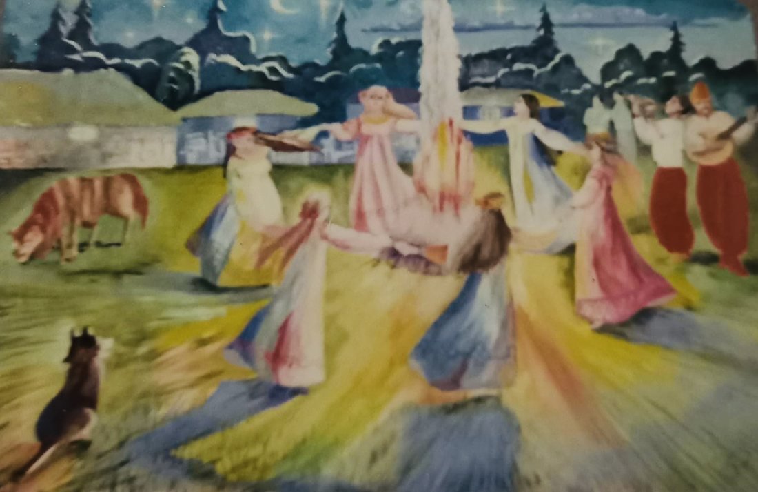 Watercolour of a Ukrainian midsummer dance around a fire at night